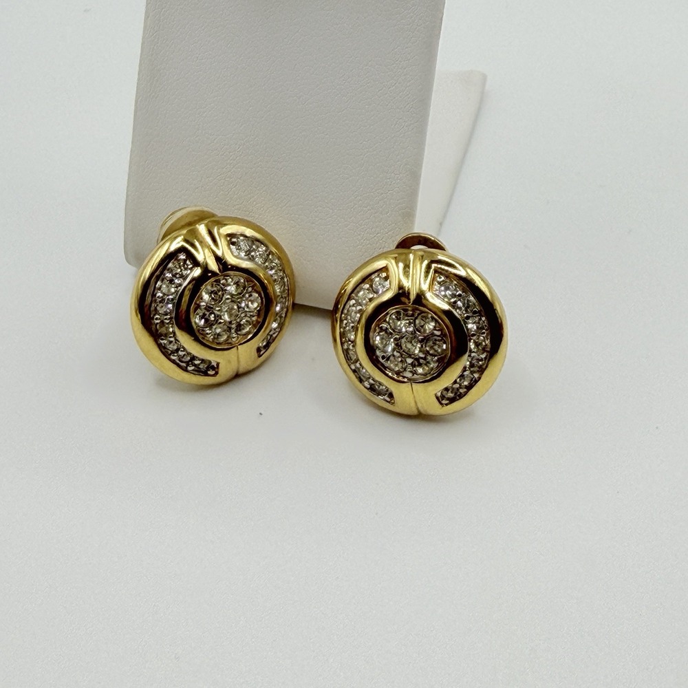 Vintage D'ORLAN Designer Round Pave Crystals Gold Plated Clip-on Earrings 80s